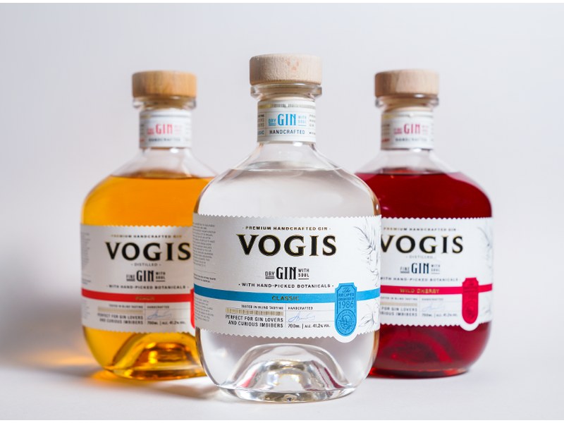 Vogis Wild Cherry, Classic Dry and Peach gin bottles